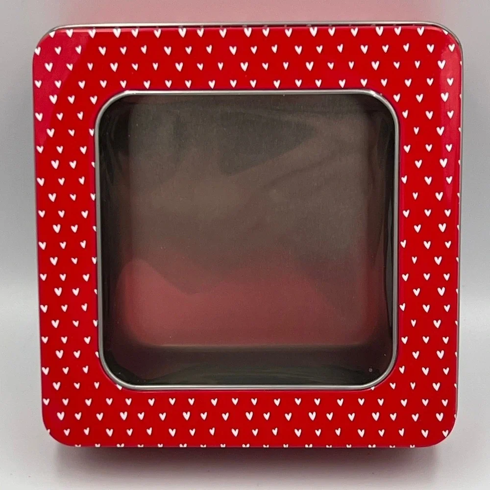 Horizon Group USA Cookie Tin Red Square 6in Hearts Very Good Window Lid 139315